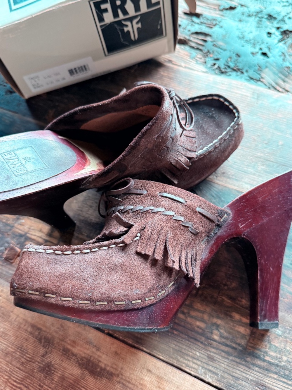 NEW Frye heel slip on fringe clogs size 9